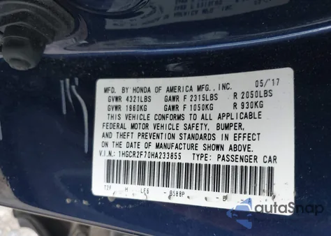 2017 Honda Accord Ex из США, поврежденный, VIN 1HGCR2F70HA233855